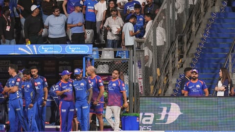 Mumbai Indians players after losing the Indian Premier League (IPL) 2026 T20 cricket match against Punjab Kings, at Wankhede Stadium in Mumbai, Thursday, April 16, 2026