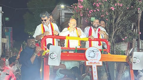 Madhiyazhagan alias Vijay Madhi campaigns along withTVK candidates in a rally ahead of upcoming Assembly polls