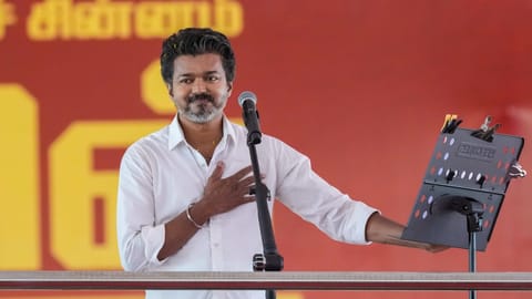 Tamilaga Vettri Kazhagam (TVK) chief Vijay addresses a public meeting