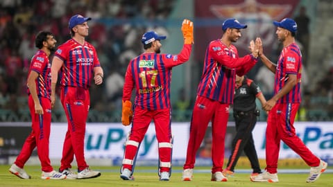 Lucknow Super Giants' Mohsin Khan celebrates with teammates after taking a catch of Rajasthan Royals Donovan Ferreira during an Indian Premier League (IPL) 2026 T20 cricket match between Lucknow Super Giants and Rajasthan Royals, in Lucknow, Uttar Pradesh, Wednesday, April 22, 2026.