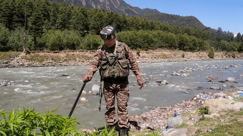 Pahalgam: A security personnel carries out checking operations on the first anniversary of the Pahalgam terror attack, in which 26 men were gunned down by Lashkar-e-Taiba terrorists last year, at Pahalgam in Anantnag district, Jammu and Kashmir, Wednesday, April 22, 2026.