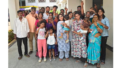 Members of a three-generation family show their inked fingers after casting votes at a polling station during the Tamil Nadu Assembly elections, in Chennai, Thursday, April 23, 2026