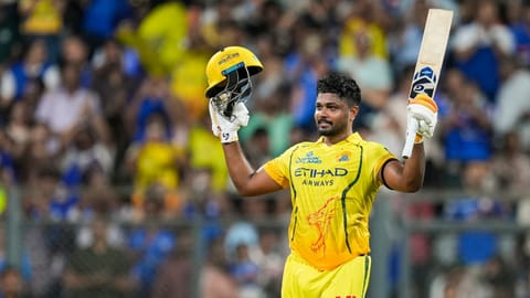 Chennai Super Kings' Sanju Samson celebrates his century during an Indian Premier League (IPL) 2026 T20 cricket match between Mumbai Indians and Chennai Super Kings, in Mumbai, Maharashtra, Thursday, April 23, 2026