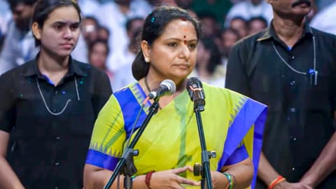 Former Telangana Chief Minister K Chandrasekhar Rao's daughter, K Kavitha addresses the gathering as she launches a political outfit, named 'Telangana Rashtra Sena' (TRS), in Hyderabad