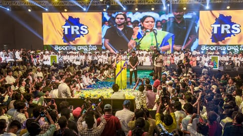 Former Telangana Chief Minister K Chandrasekhar Rao's daughter, K Kavitha addresses the formation of her new political party 'Telangana Rashtra Sena' (TRS), at Munirabad, in Medchal district, Saturday, April 25, 2026