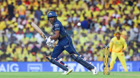 Gujarat Giants' Sai Sudharsan plays a shot during the Indian Premier League (IPL) T20 cricket match between Chennai Super Kings and Gujarat Titans, in Chennai, Tamil Nadu, Sunday, April 26, 2026