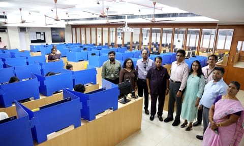 VIT Chancellor Dr G Viswanathan along with vice-presidents Sankar Viswanathan, Sekar Viswanathan and other officials inspect the examination centre at the Vellore campus
