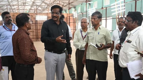 District Electoral Officer K Tharpagaraj inspecting arrangements at a vote counting centre in Tiruvannamalai