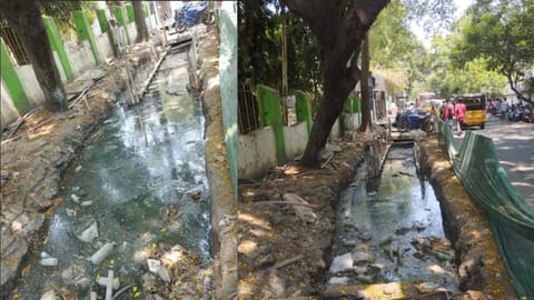 Trench of stagnated sewage along a busy stretch near RSRM Government Maternity Hospital