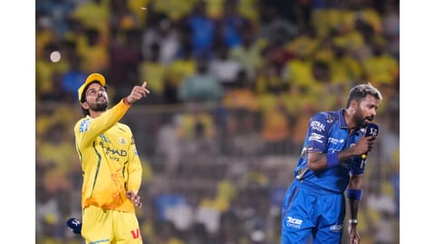 Chennai Super Kings' captain Ruturaj Gaikwad, left, and Mumbai Indians' captain Hardik Pandya during the toss before an Indian Premier League (IPL) 2026 T20 cricket match between Chennai Super Kings and Mumbai Indians, in Chennai, Tamil Nadu, Saturday, May 2, 2026