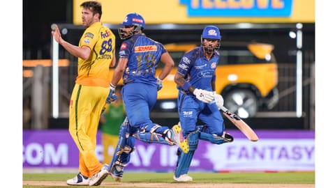 Mumbai Indians' captain Hardik Pandya, right, and Naman Dhir run between the wickets during an Indian Premier League (IPL) 2026 T20 cricket match between Chennai Super Kings and Mumbai Indians, in Chennai, Tamil Nadu, Saturday, May 2, 2026