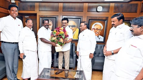 Chief Minister and DMK president MK Stalin with TNCC chief
K Selvaperunthagai after a meeting on the Secular Progressive
Alliance’s poll prospects at Anna Arivalayam on Saturday
