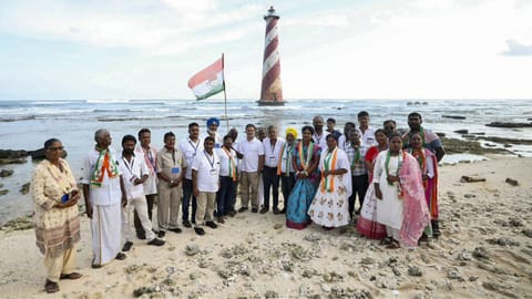 Leader of Opposition in the Lok Sabha Rahul Gandhi with party workers and leaders during his visit to Great Nicobar Island, in Andaman and Nicobar Islands.