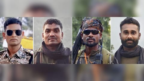 This combo image shows, from left, Inspector Sukhram Vatti (40) of the DRG, constable Krishna Komra (35) of the district force, constable Parmanand Komra (29) of the Bastar Fighters, and constable Sanjay Gadhpale (29) of the Bastar Fighters, the four police personnel who were killed after an improvised explosive device (IED) went off while they were trying to neutralise it during a demining operation, in Kanker district, Chhattisgarh
