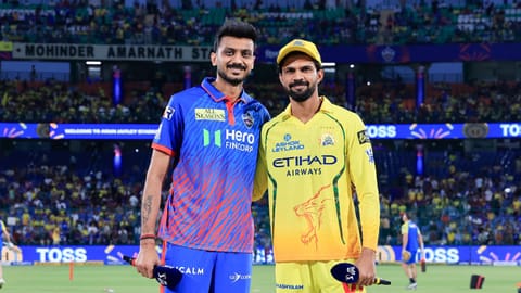 Delhi Capitals skipper Axar Patel with Chennai Super Kings captain Ruturaj Gaikwad during the toss in Arun Jaitley stadium in New Delhi.