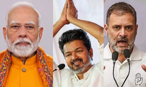(L-R); PM Modi, TVK Chief Vijay, Opposition in the Lok Sabha Rahul Gandhi