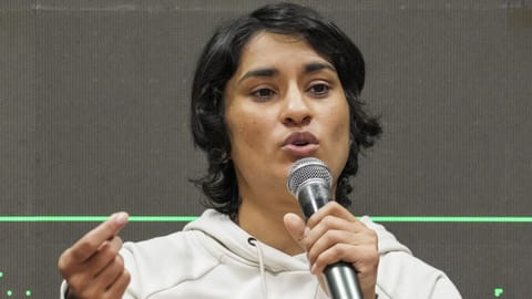 Wrestler and Congress leader Vinesh Phogat addresses a press conference, in New Delhi