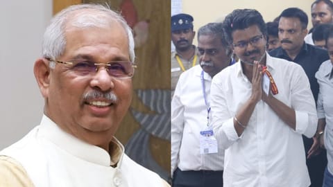 (L) Governor RV Arlekar, (R) TVK chief Vijay