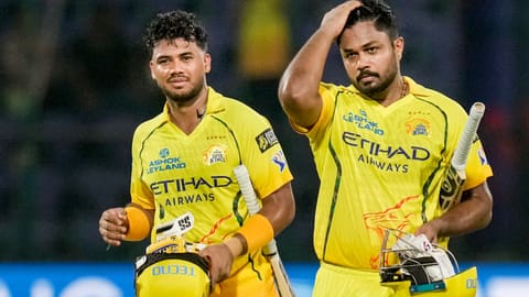 Chennai Super Kings' Kartik Sharma and Sanju Samson celebrate after winning against DC