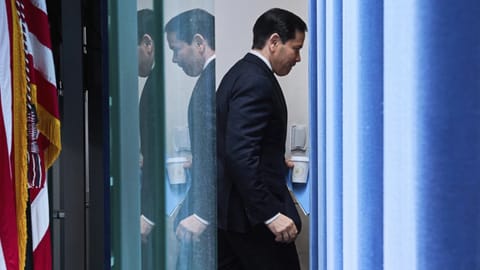 Secretary of State Marco Rubio leaves the room after speaking to the media in the James Brady Press Briefing Room of the White House
