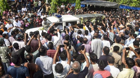 BJP leaders Suvendu Adhikari and Samik Bhattacharya arrive amid investigation into the killing of the former's close aide Chandranath Rath, at Barasat Medical College, in North 24 Parganas district, West Bengal
