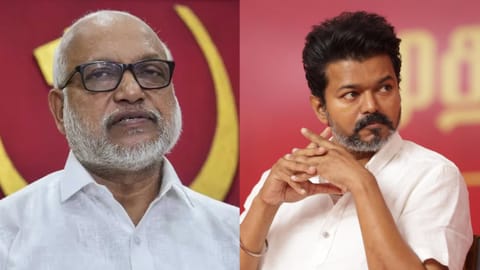 (L-R) CPM general secretary MA Baby; TVK chief Vijay