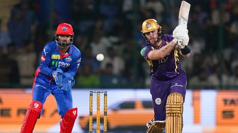 Kolkata Knight Riders' Finn Allen plays a shot during the Indian Premier League (IPL) 2026 T20 cricket match between Delhi Capitals and Kolkata Knight Riders, in New Delhi, Friday, May 8, 2026.