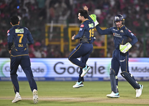 Jaipur: Gujarat Titans' Rashid Khan, right, and captain Shubman Gill make an unsuccessful appeal for the wicket of Rajasthan Royals' Ravindra Jadeja during an Indian Premier League (IPL) 2026 T20 cricket match between Rajasthan Royals and Gujarat Titans, in Jaipur, Rajasthan, Saturday, May 9, 2026. (PTI Photo) (PTI05_09_2026_000547A)