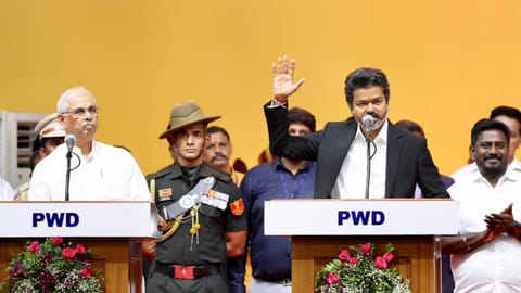 Vijay goes off the script during the oath-taking ceremony in Jawaharlal Nehru stadium, Chennai
