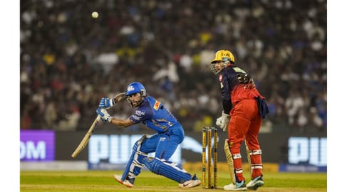 Mumbai Indians' Tilak Verma plays a shot during an Indian Premier League (IPL) 2026 T20 cricket match between Royal Challengers Bengaluru and Mumbai Indians, in Raipur, Chattisgarh, Sunday, May 10, 2026