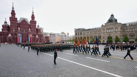 Russian servicemen march as they attend the Victory Day military parade in Moscow, Saturday, May 9, 2026, during celebrations of the 81st anniversary of the Soviet Union’s victory over Nazi Germany during World War II.