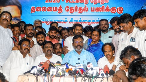VCK chief Thol Thirumavalavan addressing media persons with CPI state secretary M Veerapandian in Chennai on Saturday