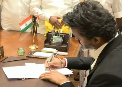 C Joseph Vijay takes charge as Chief Minister of Tamil Nadu shortly before 12 noon, on May 10, 2026, at Fort St George, Chennai.