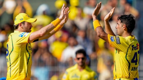 Chennai Super Kings' Anshul Kamboj, right, celebrates with teammates after dismissing Lucknow Super Giants' Mitchell Marsh during the Indian Premier League (IPL) 2026 T20 cricket match between Chennai Super Kings and Lucknow Super Giants, in Chennai