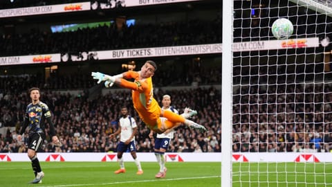 Tottenham Hotspur's Mathys Tel scores during the English Premier League soccer match between Tottenham Hotspur and Leeds United in London