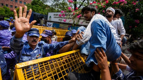 Akhil Bharatiya Vidyarthi Parishad (ABVP) members stage a protest against the National Testing Agency (NTA) over alleged paper leak concerns following the cancellation of the NEET-UG 2026 examination, at NTA office, in New Delhi, Wednesday, May 13, 2026
