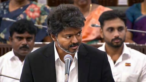 Tamil Nadu CM Joseph Vijay speaks in the state Assembly during floor test, in Chennai