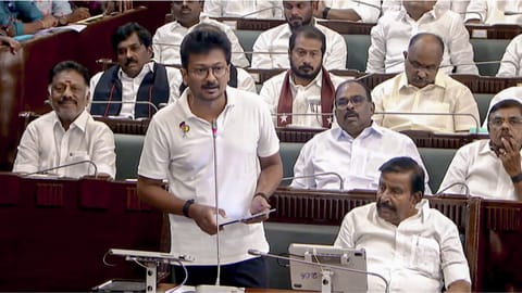 Leader of the Opposition in the Tamil Nadu Assembly Udhayanidhi Stalin speaks during the state Assembly session, in Chennai