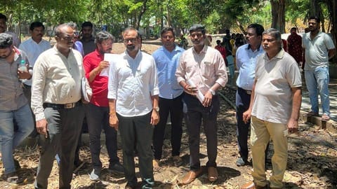 Minister for Food and Civil Supplies P Venkataramanan inspecting the ongoing development works at Nageswara Rao Park in Mylapore on Sunday