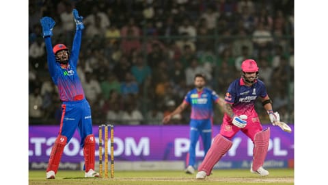 Delhi Capitals' KL Rahul appeals for the wicket of Rajasthan Royals' captain Riyan Parag during an Indian Premier League (IPL) 2026 T20 cricket match between Delhi Capitals and Rajasthan Royals, in New Delhi, Sunday, May 17, 2026