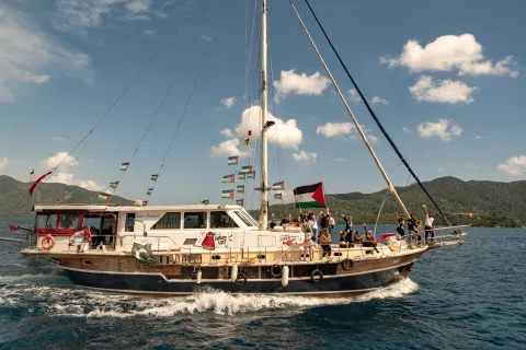 Boats belonging to the Global Sumud Flotilla, carrying activists and humanitarian aid, depart for Gaza from the port of Marmaris, Turkey, Thursday, May 14, 2026, in an attempt to break the
Israeli naval blockade. (AP Photo/Murat Kocabas)