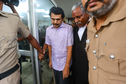 DMK leader V Senthilbalaji being produced before the Special Court in Chennai on August 28, 2003