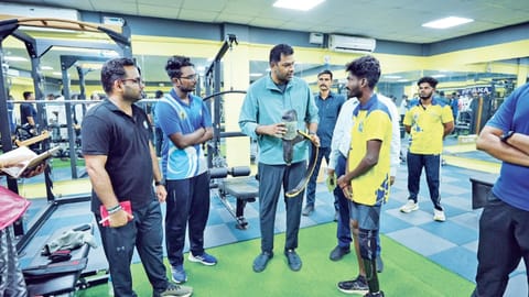 Sports Developmnt Minister Aadhav Arjuna interacting with
atheletes training at the Jawaharlal Nehru Stadium on Tuesday