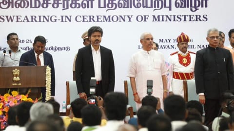 The Left parties took exception to the Tamil anthem being sung after Vande Mataram and the national anthem at the swearing-in ceremony held in the presence of Chief Minister C Joseph Vijay to mark his maiden cabinet expansion