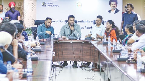 Minister Aadhav Arjuna chairing the meeting with various sports associations, in Chennai on Friday
