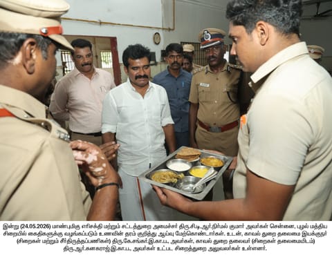 Minister for Energy Resources and Law R Nirmalkumar inspects food quality at Puzhal prison on Sunday