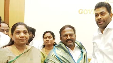 AIADMK functionaries, who resigned as MLAs and joined ruling TVK, with Minister Aadhav Arjuna in Chennai on Monday (May 25)