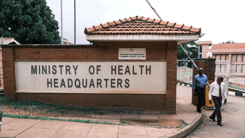 People walk out of the Ministry of Health’s Headquarters in Kampala, Uganda, Tuesday, May 19, 2026.