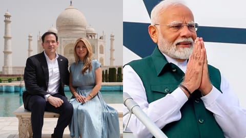 United States Secretary of State Marco Rubio poses with his wife, Jeanette Rubio, during their visit to the Taj Mahal