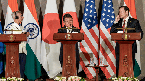 From left, External Affairs Minister S Jaishankar, Japanese Foreign Minister Toshimitsu Motegi and US Secretary of State Marco Rubio during a joint press conference after attending the Quad Foreign Ministers' Meeting, in New Delhi.